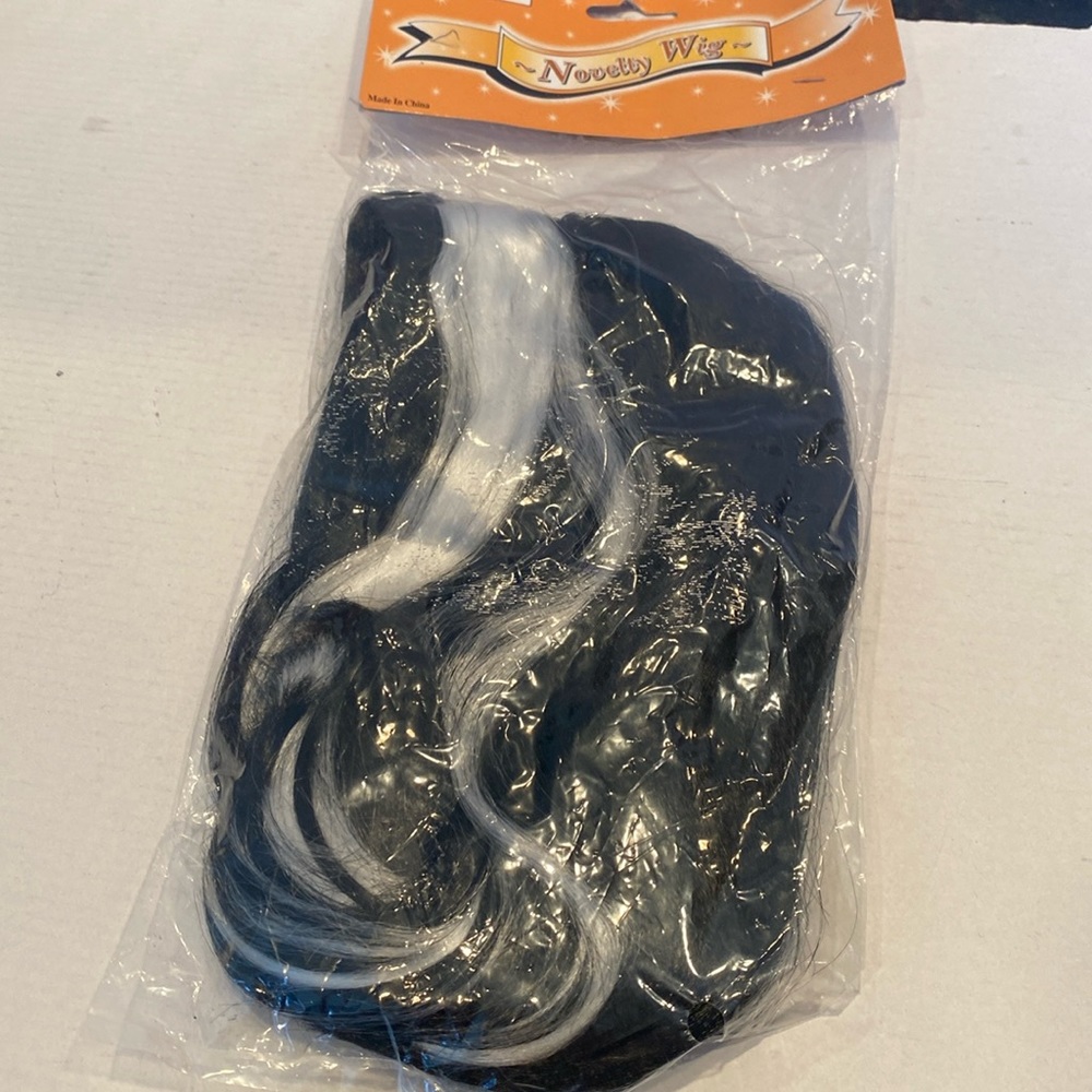 NWT Black with Silvery White Streak Novelty Wig